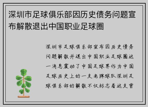 深圳市足球俱乐部因历史债务问题宣布解散退出中国职业足球圈 深圳市足球俱乐部因历史债务问题宣布解散退出中国职业足球圈