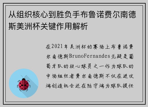 从组织核心到胜负手布鲁诺费尔南德斯美洲杯关键作用解析