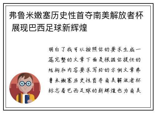 弗鲁米嫩塞历史性首夺南美解放者杯 展现巴西足球新辉煌